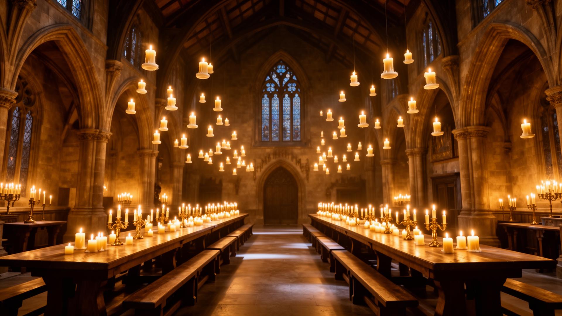 Great Hall set with floating candles at Warner Bros. Studio Tour London — The Making of Harry Potter