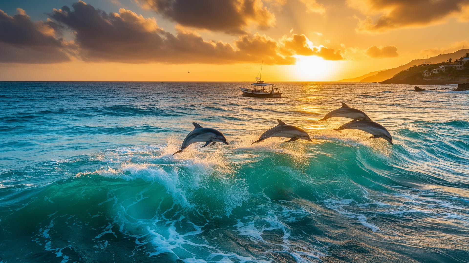 Dolphins jumping out of turquoise Pacific waves at sunset near Puerto Escondido, Mexico, with a small tour boat