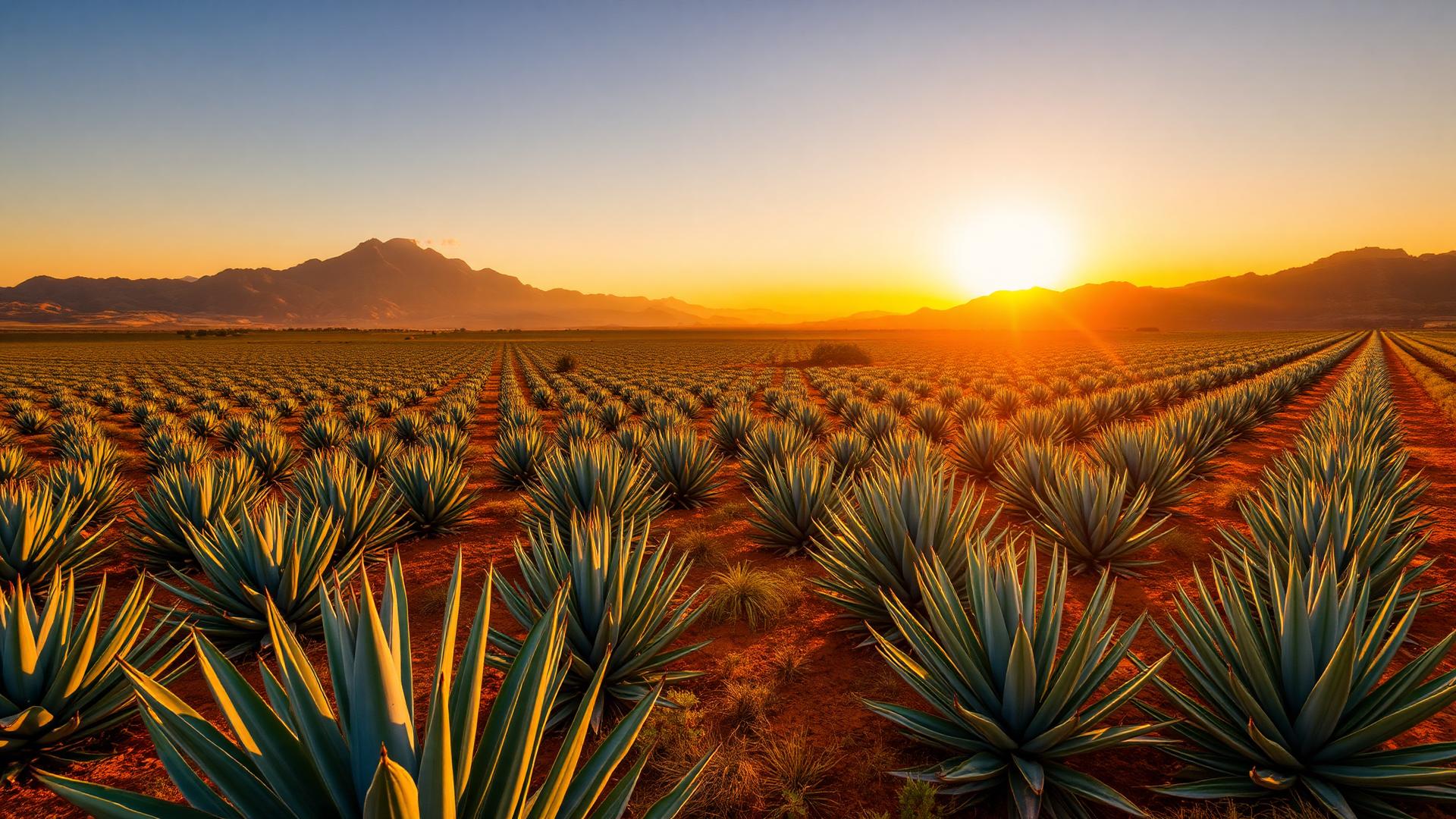 Blue agave fields at golden hour in Tequila, Jalisco, Mexico, with mountains in the distance